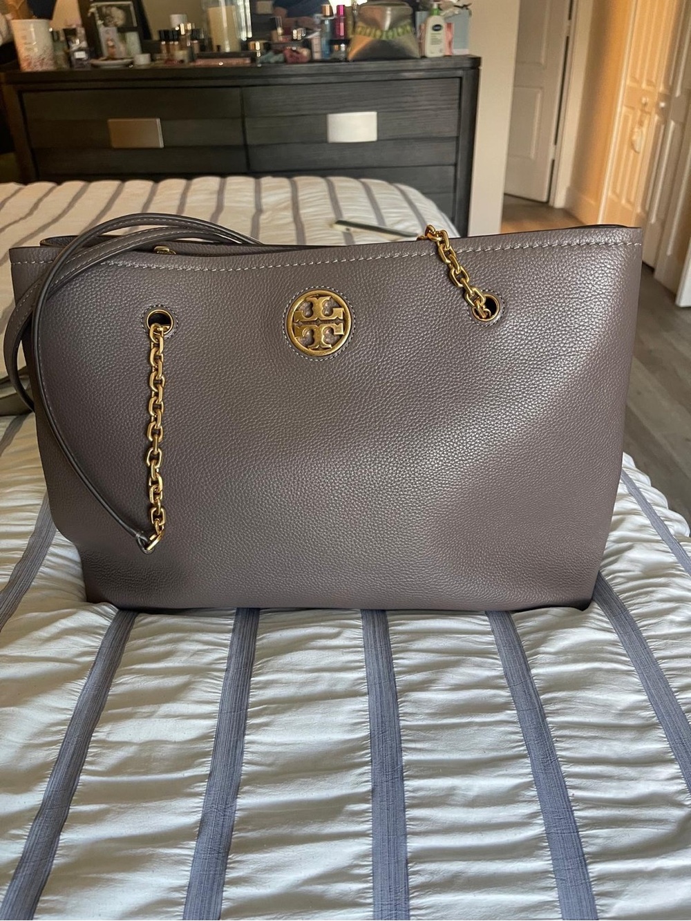 Tory Burch Pebbled Leather Tote in Taupe with Gold Hardware